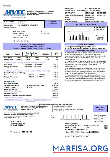 Realistic USA Minnesota Valley Electric Cooperative (MVEC) utility bill template in Word and PDF format